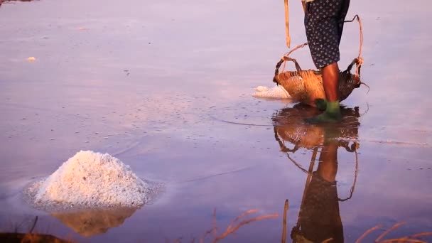 Låg Del Man Som Skrapar Salt Vävd Korg Som Visar — Stockvideo