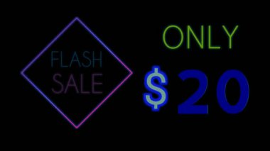 Alış veriş neon ışığı animasyon floresan ışıklı afiş arka planı. Kısa mesaj indirimi sadece 20 dolar. Geceleyin neon lambaların orada flaş satışı. En iyi neon titreşimli 4K video