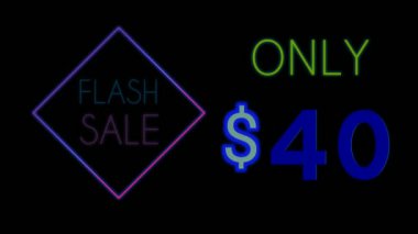 Alış veriş neon ışığı animasyon floresan ışıklı afiş arka planı. Kısa mesaj indirimi sadece 40 dolar. Geceleyin neon lambaların orada flaş satışı. En iyi neon titreşimli 4K video