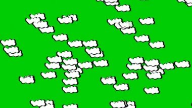 Yeşil ekrana beyaz bulutlar yağdır. 4K bir arkaplan videosu kullanarak düşen bulutlar çizgi filmi