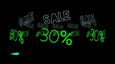 Siyah arkaplan üzerine neon tabelalı flaş satışı metni. Dükkan reklamı için imzalanan ve parlayan iş sembolü.