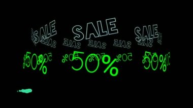 Siyah arkaplan üzerine neon tabelalı flaş satışı metni. Dükkan reklamı için imzalanan ve parlayan iş sembolü.