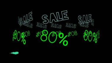 Siyah arkaplan üzerine neon tabelalı flaş satışı metni. Dükkan reklamı için imzalanan ve parlayan iş sembolü.
