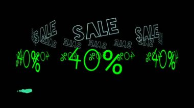 Siyah arkaplan üzerine neon tabelalı flaş satışı metni. Dükkan reklamı için imzalanan ve parlayan iş sembolü.