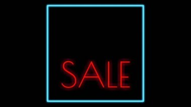 Siyah arkaplan üzerine neon tabelalı flaş satışı metni. Dükkan reklamı için imzalanan ve parlayan iş sembolü.