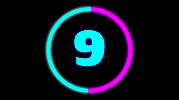 Neon Countdown Nummer Zehn Bis Null Animation Schwarzen Hintergrund Timer — Stockvideo