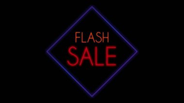 Siyah arkaplan üzerine neon tabelalı flaş satışı metni. Dükkan reklamı için imzalanan ve parlayan iş sembolü.