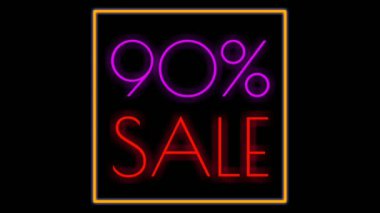 Siyah arkaplan üzerine neon tabelalı flaş satışı metni. Dükkan reklamı için imzalanan ve parlayan iş sembolü.