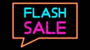 Siyah arkaplan üzerine neon tabelalı flaş satışı metni. Dükkan reklamı için imzalanan ve parlayan iş sembolü.