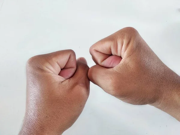 Two Human Hand Clenched Gesture Isolated White Background Asian Man — Stock Photo, Image