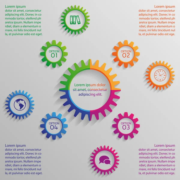 Vier farbenfrohe Optionen Zahnräder der Infografik — Stockvektor