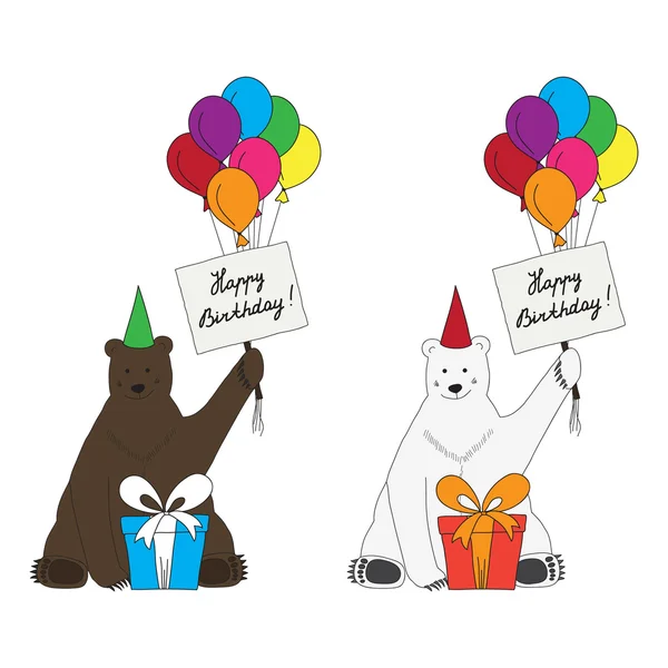 Brown and polar bears congratulate with happy birthday — Stock Vector