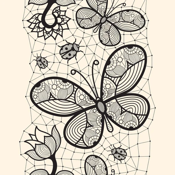 Seamless abstract lace pattern. Butterflies and beetles with flower. Can be used for design and decorating. — Stock Vector