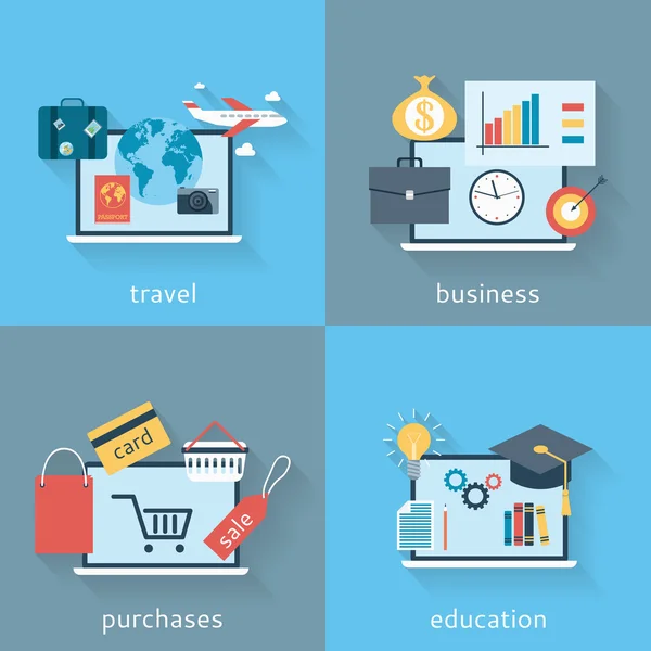 Conjunto de fundos de design plano moderno de viagens, negócios, compras e educação —  Vetores de Stock