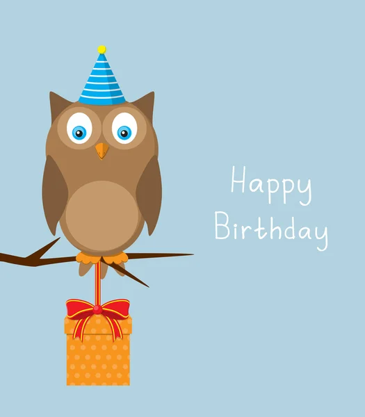 Картка на день народження з совою і подарунком — стоковий вектор