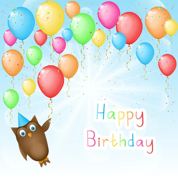 Ηλιόλουστη φόντο με κουκουβάγια και χρώμα μπαλόνια για γενέθλια — Διανυσματικό Αρχείο