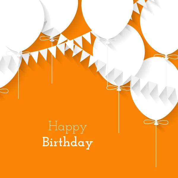 Tarjeta simple para cumpleaños con globos de papel blanco sobre fondo naranja — Vector de stock