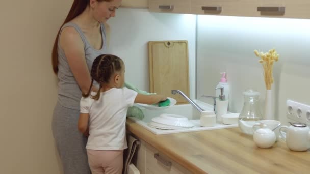 Ibu Dan Anak Kecil Mencuci Piring Dapur Ibu Muda Mengajarkan — Stok Video