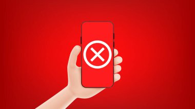 Çizgi filmdeki el, üzerinde çarpı işareti olan akıllı telefonu tutuyor. Kırmızı arka planda çapraz işaretli akıllı telefonun şablonu izole edildi. Mobil aygıt kavramına sahip vektör illüstrasyonu