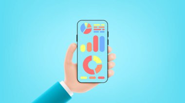 İş analiz uygulaması konsepti. İşadamı elinde grafikler ve diyagramlarla akıllı telefonu tutuyor. Bilgi ve istatistiklerle donatılmış akıllı telefon şablonu. Vektör illüstrasyonu
