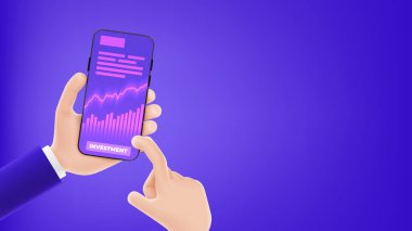 Çevrimiçi yatırım uygulaması konsepti ile pankart şablonu. Çizgi filmlerdeki eller akıllı telefonları büyüyen grafikler ya da grafiklerle tutarlar. Cep telefonu dijital işi veya mali yatırım uygulaması ile vektör illüstrasyonu.