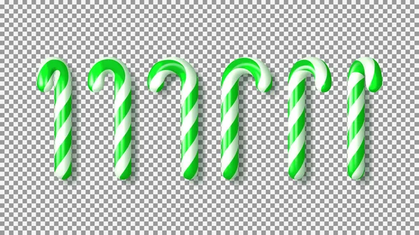 一组绿色的圣诞糖果手杖在格格的背景上被隔离了 3D现实的假日糖果 圣诞和新年贺卡 传单的糖果模板 矢量说明 — 图库矢量图片