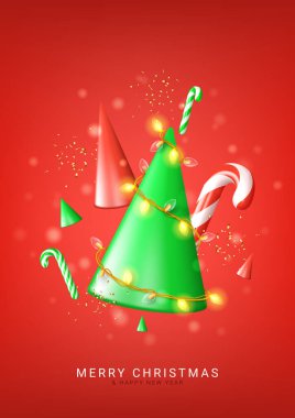 Mutlu Noeller ve mutlu yıllar posteri. Gerçekçi 3 boyutlu koni ağaçları, şeker kamışları, ışıl ışıl çelenkler ve konfetiyle Noel afişi. Xmas 'ın tebrik kartı. Tatil vektör illüstrasyonu.
