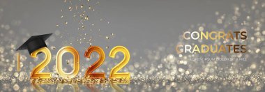 Mezuniyet töreni için afiş. Mezuniyet şapkalı altın numaralar ve arka planda efektli konfeti. Tebrikler 2022 mezunları. Diploma töreni tasarımı için vektör illüstrasyonu.