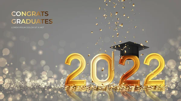 Banner Design Graduation 2022 Golden Numbers Graduation Cap Confetti Background — Stock Vector