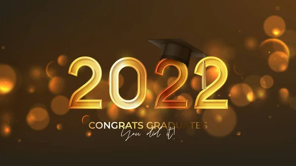 Banner Design Graduation 2022 Golden Numbers Graduation Cap Background Effect — Stock Vector