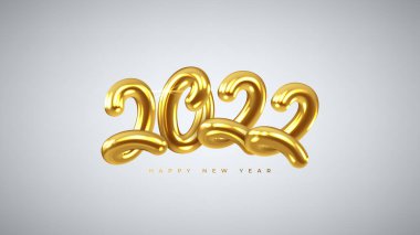 2022 Mutlu Yıllar bayrağı. Gri arka planda Yeni Yıl altın numarasıyla vektör illüstrasyonu. Altın metalik sembollü bayram bayrağı.
