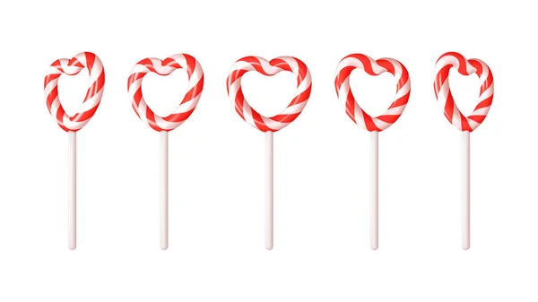 Set Lollipops Shape Heart Vector Illustration Realistic Lollipops White Background — Stock Vector