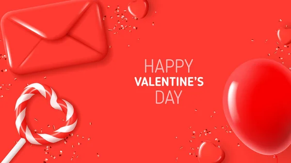 Sevgililer Günün Kutlu Olsun Kırmızı Zemin Üzerinde Lolipop Zarf Kalp — Stok Vektör