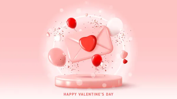 ハッピーバレンタインの休日のバナー バレンタインデーのための抽象的な3D組成とグリーティングデザイン ネオンサークルと表彰台に封筒 ハート 風船やコンフェッティとベクトルイラスト — ストックベクタ