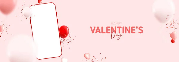 ハッピーバレンタインの休日のバナー スマートフォン ハート 風船やコンフェッティとベクトルイラスト バレンタインデーのための抽象的な3D組成と休日の装飾デザイン 休日モックアップ — ストックベクタ