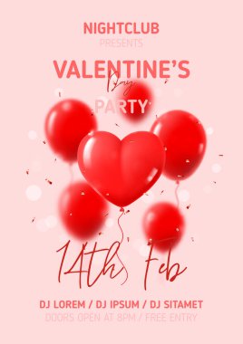 Sevgililer Günü posteri kutlu olsun. Kırmızı balonlu ve konfetili vektör çizimi. Sevgililer Günü partisi için soyut 3D kompozisyon içeren tatil dekorasyonu. Gece kulübüne davetiye.