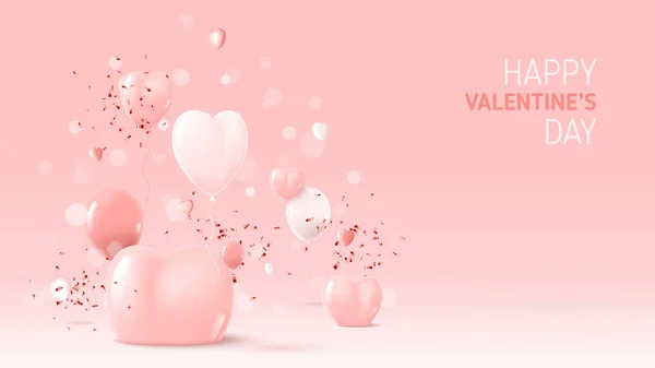 情人节快乐横幅 情人节背景 带有抽象的3D作文 用红心 气球和粉红背景的圆饼表示矢量图 — 图库矢量图片
