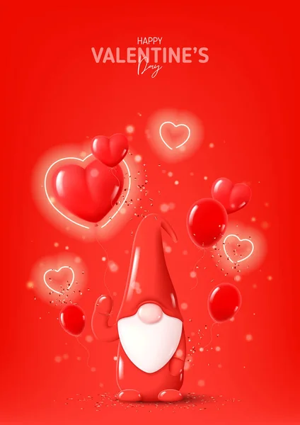 Happy Valentine Day Urlaubsposter Festlicher Hintergrund Mit Niedlichem Gnome Auf — Stockvektor