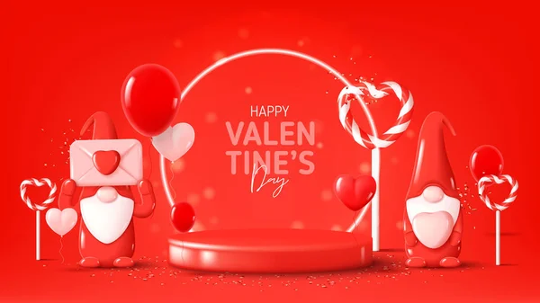 Happy Valentine Day Banner Holiday Background Cute Gnomes Red Background — Stock Vector