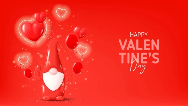 Šťastný Valentýn Slavnostní Prapor Rekreační Pozadí Roztomilým Gnómem Červeném Pozadí — Stockový vektor