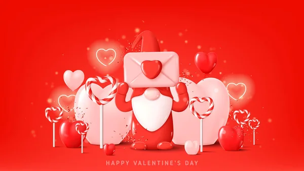 Happy Valentine Day Holiday Banner Festive Background Cute Gnome Red — Stock Vector