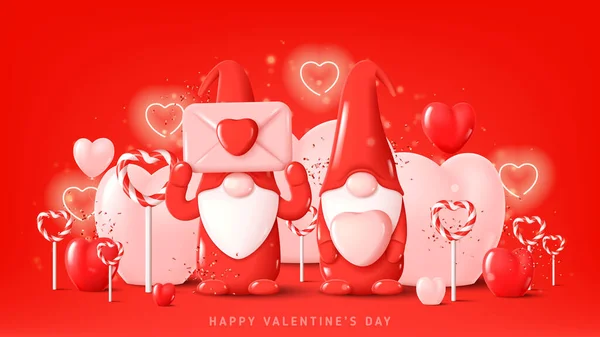 Feliz San Valentín Fondo Vacaciones Con Gnomos Lindos Sobre Fondo — Archivo Imágenes Vectoriales