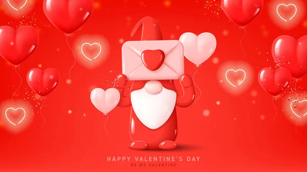 Happy Valentine Day Urlaubsbanner Festlicher Hintergrund Mit Niedlichem Gnome Auf — Stockvektor