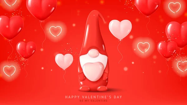ハッピーバレンタインデーのお祝いのバナー ネオンの心 風船やコンフェッティと赤の背景にかわいい3Dノームで休日の背景 バレンタインデーのシンボルとベクトルイラスト — ストックベクタ