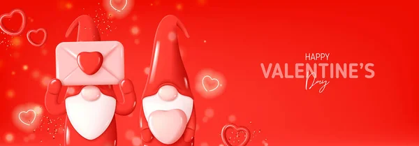 Happy Valentine Day Horizontal Banner Holiday Background Cute Gnomes Red — Stock Vector