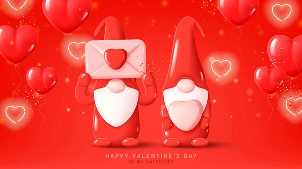 Happy Valentine Day Greeting Banner Holiday Background Cute Gnomes Red — Vetor de Stock