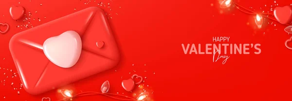 Boldog Valentin Napot Vízszintes Transzparens Vektor Illusztráció Borítékkal Szívvel Füzérrel — Stock Vector
