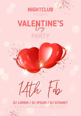 Sevgililer Günü posteri kutlu olsun. Bir çift pembe kalpli vektör illüstrasyonu, neon kalpler, ışıl ışıl çelenkler ve konfeti. Sevgililer Günü partisi için 3D kompozisyon. Gece kulübüne davetiye.
