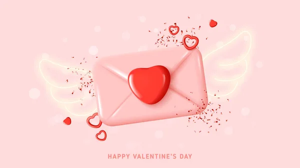 Happy Valentine Day Holiday Banner Vector Illustration Pink Envelope Angel — Stok Vektör