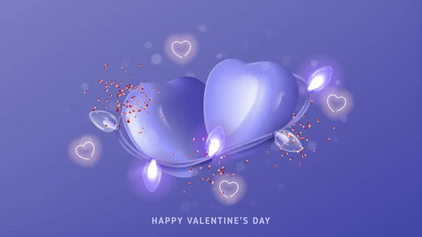 Святковим Прапором Валентина Вектор Ілюструє Парою Пурпурових Сердець Неонових Сердець — стоковий вектор